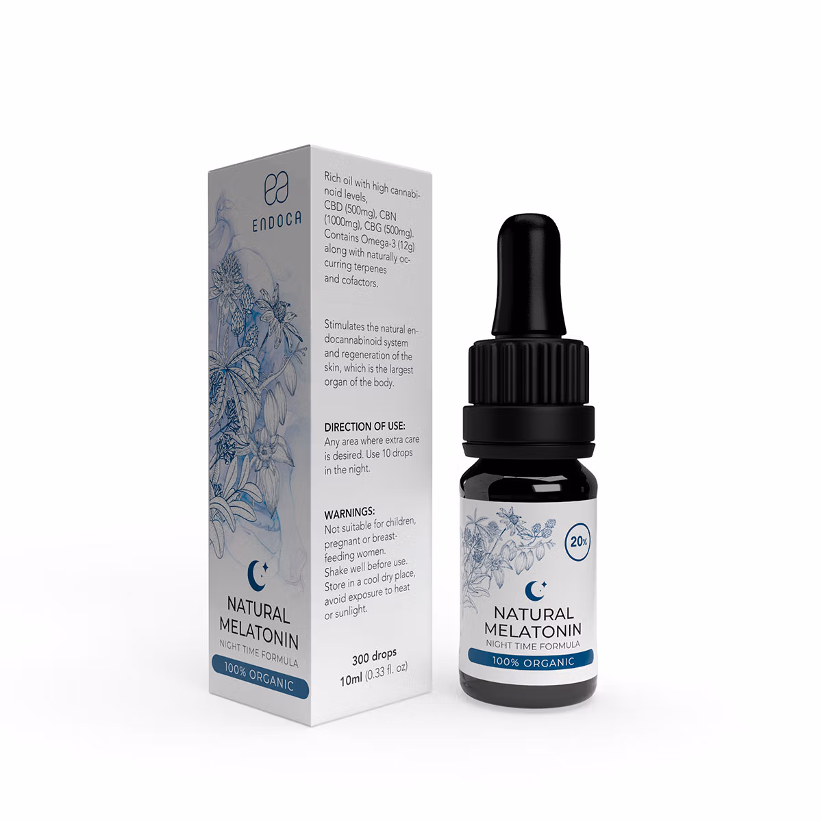 „Endoca“ miego palaikymo lašai – 10 ml lašai su žolelėmis + 500 mg CBD, 1000 mg CBN ir 500 mg CBG