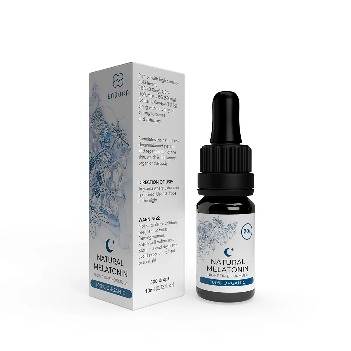 Diferynnau Cymorth Cwsg Endoca - diferynnau 10ml gyda pherlysiau + CBD 500mg, CBN 1000mg a CBG 500mg